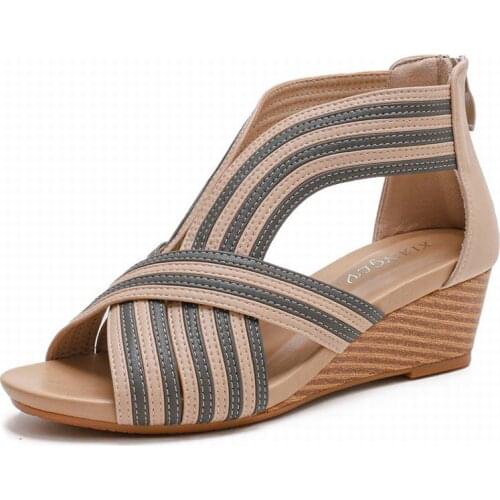 Summer Womens Sandals Roman Style 2021 New Fashion Sewing Wedge Shoes Open Toe Leather Patchwork High Heels Ladies PW010