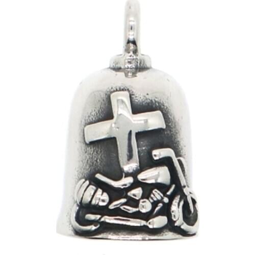 Mens Fashion Cool Motorcycle Cross Carving Polishing Bell Pendant Necklace