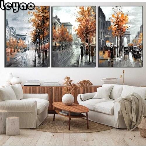 3 Pcs Diamond Painting Triptych Retro Street Landscape Full Square Diamond Cross Stitch Kits Embroidery For Living Home Decor