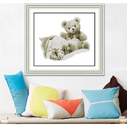 Cute bear cross stitch kit sleeping baby and bear hand-drawn pattern hand embroidery 14CT white cloth printed cloth needlework