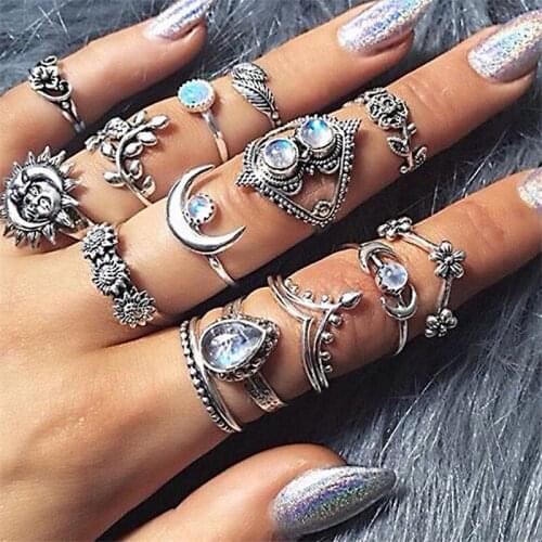 Modyle Trendy Boho Midi Knuckle Ring Set For Women Crystal Flower Sunflower Moon Sun Finger Rings Fashion Bohemian Jewelry