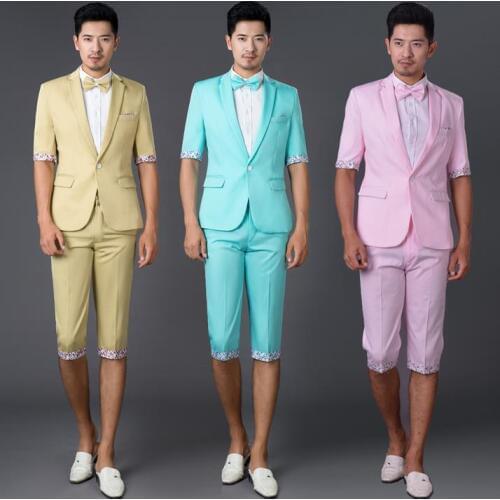 Pink green sky blue summer 2020 new arrival slim color men suit set with pants mens suits wedding groom dress suit + pant + tie