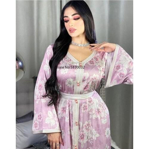 Floral Print Jalabiya Maxi Dress Long Sleeve V Neck Ribbon Belt Middle East Muslim Women Abaya Kaftan Arabic Turkey Robe Fall