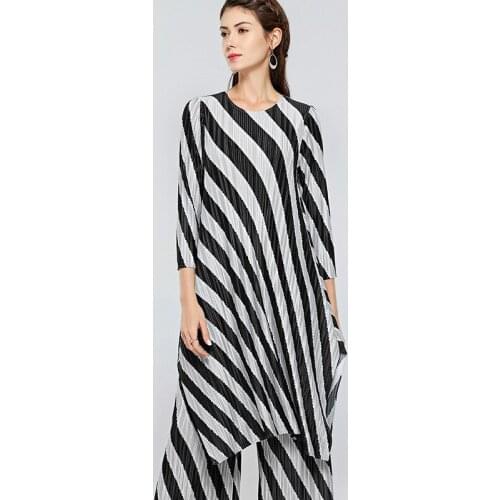 Striped Dress Womens 2020 Spring Dress New Pleated Elastic Split Irregular Dress Medium Length