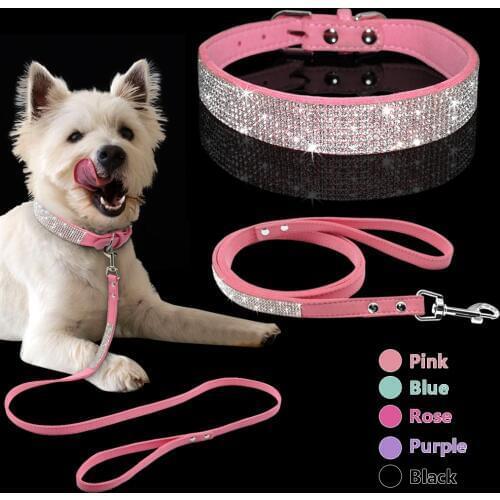 Adjustable Suede Leather Puppy Dog Collar Leash Set Soft Rhinestone Small Medium Dogs Cats Collars Walking Leashes Pink XS S M