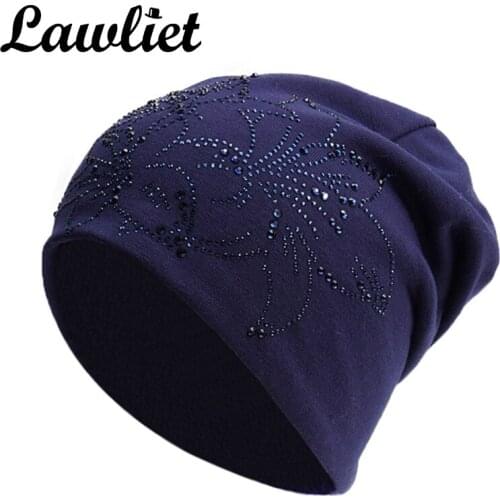 Winter Beanies Hat Flower Diamond Knitted Hat for Women Warmer Fleece Lining Bonnet Cap Elegant Ladies Turban Hat A408