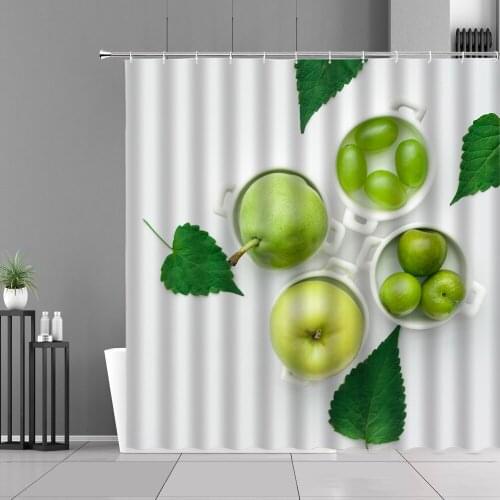 Fruits Printing Shower Curtain Set Green Leaf Green Apple Children Waterproof Bath Cloth Curtains Bathroom Decor Background Wall