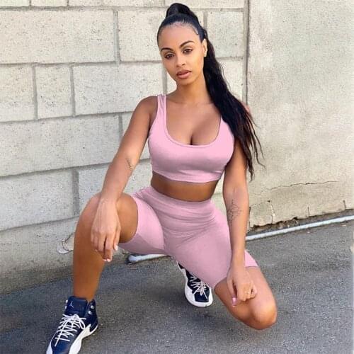 Sportwear 2 Piece Set Women Fitness Summer Two Piece Tracksuit Women Pink Tank Crop Top Biker Shorts Set Seamless Shorts Set