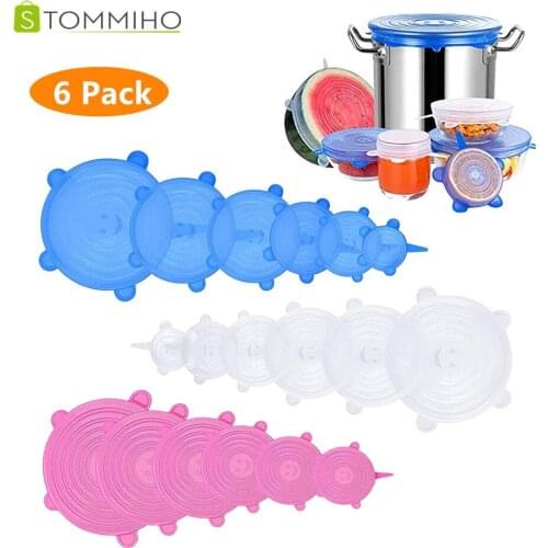 STOMMIHO 6pcs Silicone Stretch Lids Food Fresh-keeping Lids Reusable Food Wrap Cover Bowl Airtight Lid Kitchen Storage Supplies