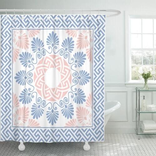 Traditional Vintage Pink White and Blue Round Floral Greek Shower Curtain Waterproof 72 x 72 Inches Set with Hooks