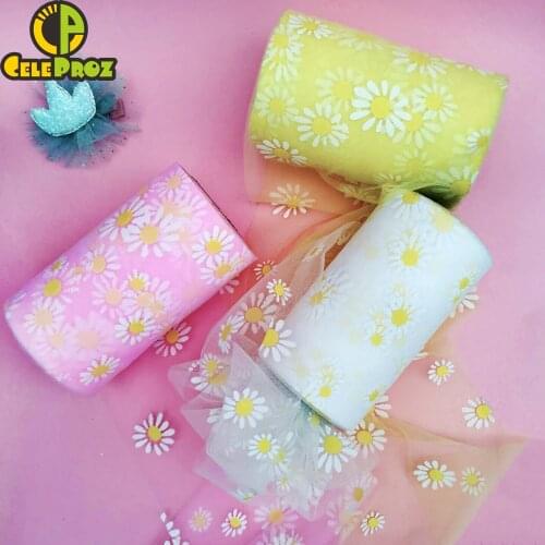 12cm 25Yards Daisy Tulle Soft Flower Floret Mesh Handmade Craft Ornament Baking Decoration Sunflower Printed Mesh Fabric Supply