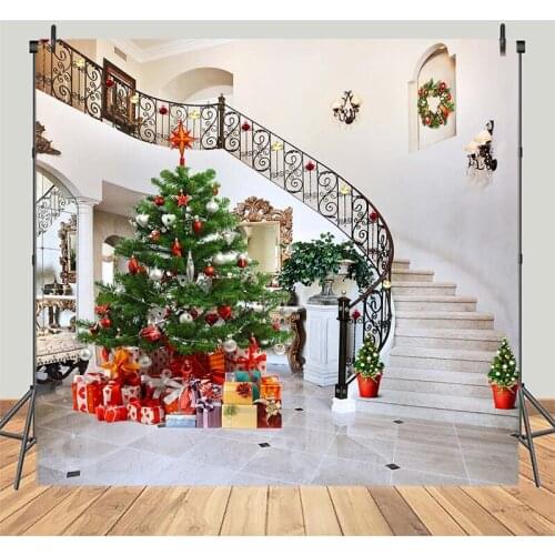Christmas Tree Stairs Photography Backdrops Gift Portrait Vinyl Photographic Background Photocall Photo Decorative Banner Studio