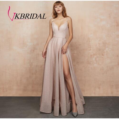 VKbridal Homecoming Dresses with Pocket V neck Sparkle A-Line Prom Party Gowns Long for Girls Plus High Slit Evening Dress 2019
