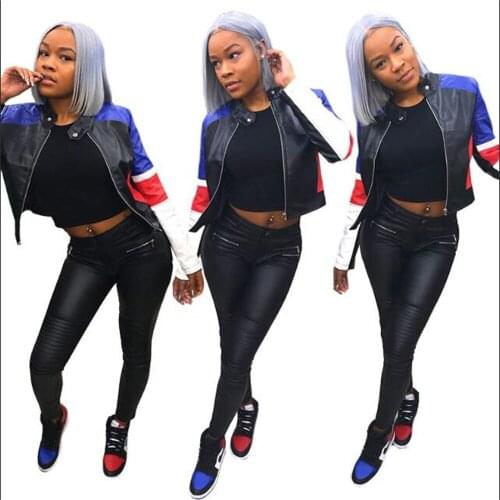 2021 Fashion Temperament Commuter Women/Girl PU Leather Color Matching Stand Collar Zipper Short Jacket Hip Hop Skinny Outerwear