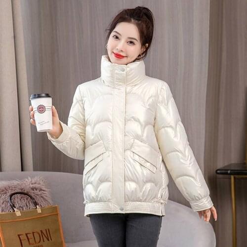 Stand Collar Thick Winter Women Glossy Jacket Loose Warm Short Cotton Padded Coat for Female Shiny Quilted Zipper Down Parkas