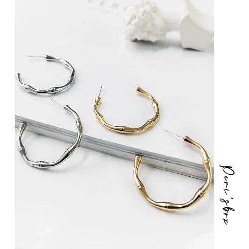 PerisBox C Shape Geometric Bamboo Earrings Textured Medium Hoop Earrings for Women Minimalist Brass Gold Earrings 2019 Fashion
