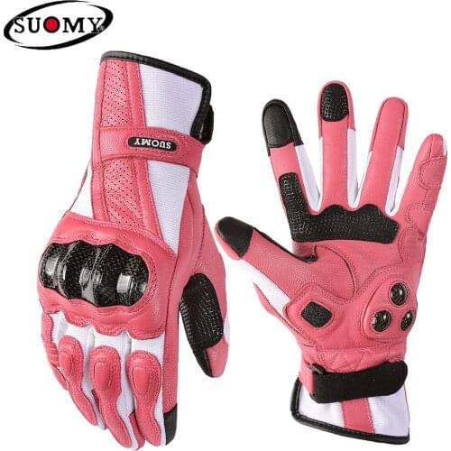 Suomy Women Pink Goatskin Motorcycle Gloves Lady Long Full Finger Scooter Electric Bike Glove Cycling Racing Motocross Luvas XS