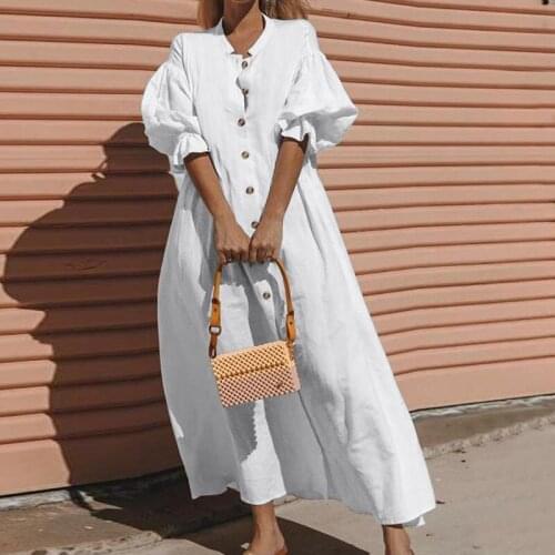 New White Lantern Sleeve Women Long Dress O-neck Single Breasted Female Casual Dresses 2021 Summer Ladies Fashion Loose Vestidos