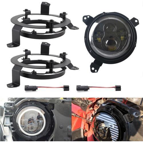 2Pcs Car Light Headlamp Mounting Brackets 7 Inch LED Headlight Adapter Rings Black Aluminum For 2018 Jeep Wrangler JL