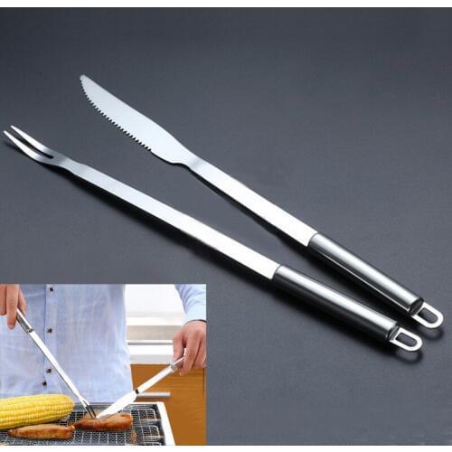 2pcs/set Stainless Steel BBQ Tools Knife & Fork Set Round Handle Heat Resistance Non-Stick Grill For Outdoor Barbecue Ac OK 0272