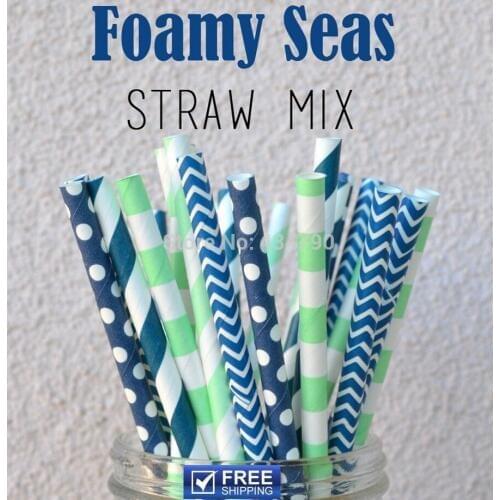 250pcs Mixed 5 Designs FOAMY SEAS Navy and Mint Paper Straws Bulk Wholesale, Striped, Polka Dot, Chevron, Sailor Stripe
