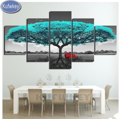 5 Panel Diy Diamond painting "pink/blue/red Tree"full drill square diamond Embroidery sale Cross-Stitch scenery Landscape Decor