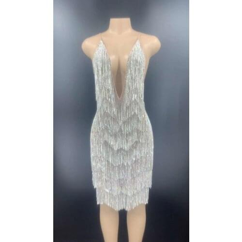 Top Handmake Sparkly Silver Rhinestone Fringe Transparent Short Dress Birthday Celebrate V-collar Dress Prom Dancer Dress