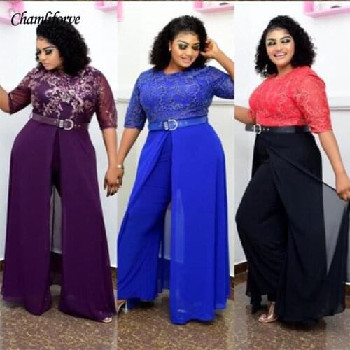 Jumpsuit for Women 2021 African Women Short Sleeve Lace Solid Color Long Jumpsuit African Clothes for Women