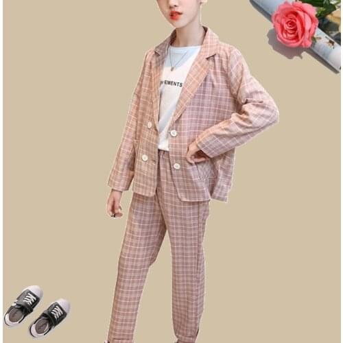 Fashion England Style Baby Girls Suits Plaid Jackets + Trousers 2pcs Loose Kids Sets Casual Comfort Children Clothes Vestidos
