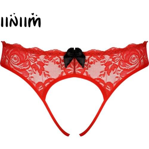 Mens Sissy Lingerie Thong Briefs Underwear Crotchless Floral Lace G-string Underpants Bowknot T-back Erotic Sexy Gay Panties