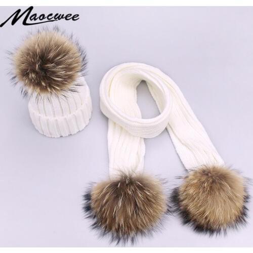 New Arrival Two-piece Scarf Hat Set Children Women Beanies PomPon Knitted Skullies Hats Autumn And Winter Warm Solid Color
