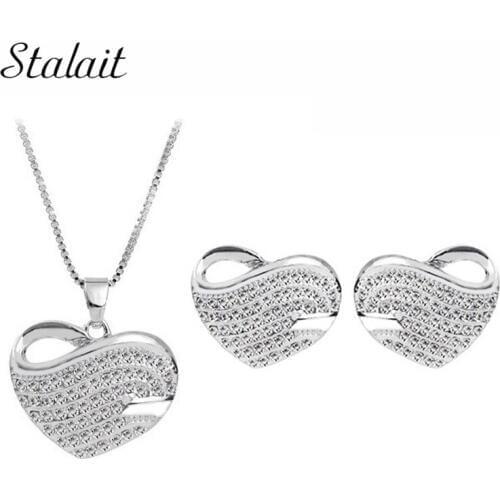 New Wedding Silver Color wholesales Czech Rhinestones Heart Love Pendant fashion Necklace Earrings Jewelry Sets 300