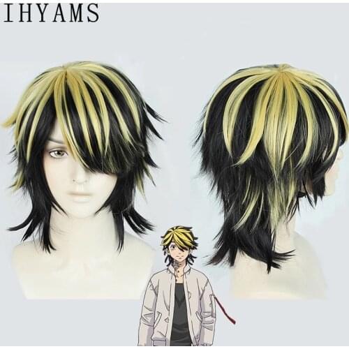 Anime Tokyo Revengers Hanemiya Kazutora Cosplay Wig Black Golden Wig Tokyo Manji Gang Captain Heat Synthetic Fiber Hair Wig Cap