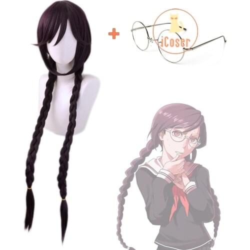 Danganronpa Toko Fukawa Cosplay Wig Long Dark Purple Hair Round Glasses Dangan Ronpa Heat Resistant Synthetic Hair + Wig Cap