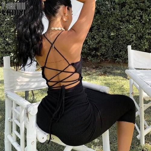 Spaghetti Straps Bandage Midi Dress Black Elegant Club Party Bodycon Vestidos Sexy Lace Up Backless Sleeveless Womens Dresses