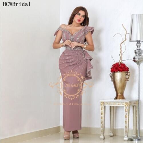 Dusty Rose Long Arabic Evening Dress New Beads Straight Dubai Women Formal Dresses Plus Size Prom Party Gowns Robe De Soiree