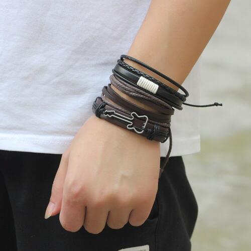 Rinhoo 3pcs/set Series Boho Hiphop Punk Wrap Black Brown Leather Wooden Beads Multi Layers Stack Bracelets Sets for Men Gifts