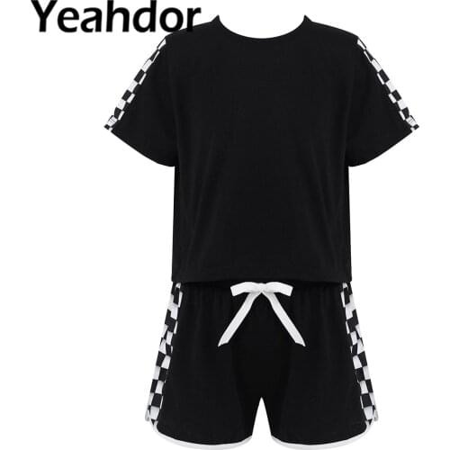 2Pcs Kids Girls Sport Suit Sportwear Casual Wear Round Neck Short Sleeves Plaid Print T-shirt and Shorts Set Children Tracksuit