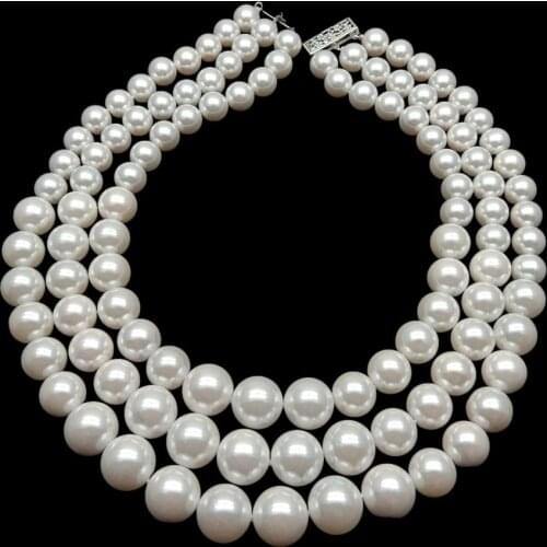 Y·YING 3 Rows 11mm-15mm White Sea Shell Pearl Graduated Necklace Wedding for women