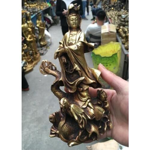 YM 316 22cm Royal Chinese Bronze Gilt Dragon Kwan-Yin Quan Yin Guan Yin Goddess Statue