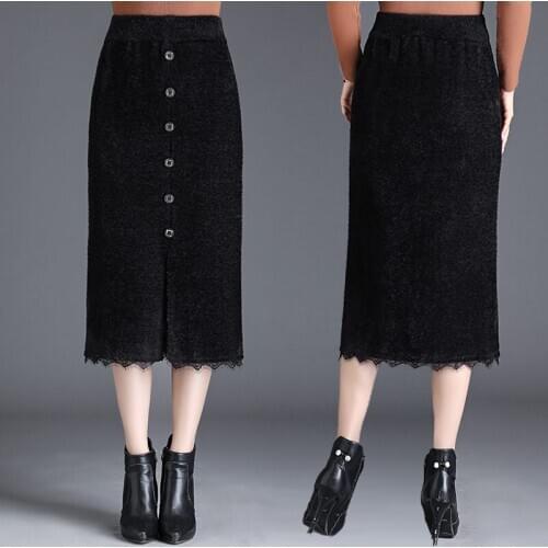 Mink Velvet Stitching Lace Skirt 2020 Winter Spring Womens Knitted Package Hip Skirt Fashion Split Woolen Skirt Elegant f2917