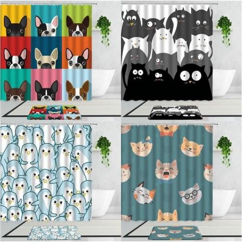 Cute Cats Dogs Shower Curtains Funny Cartoon Animal Holiday Gift Childrens Bathroom Curtain Non-Slip Bath Mats Carpet Home Decor