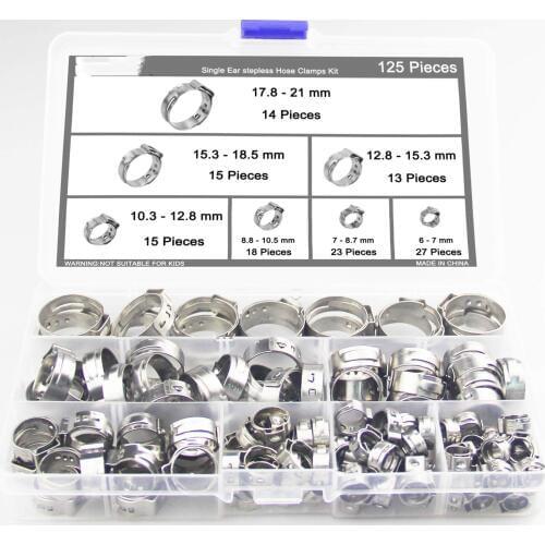 125Pcs 304 Stainless Steel Single Ear Stepless Hose Clamps Clamp Assortment Kit Crimp Pinch Rings for Securing Pipe Hoses