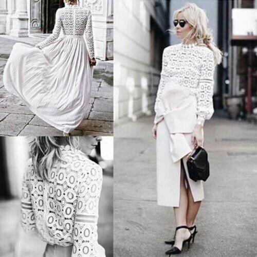 Women´s Elegant Lace Hollow Summer Long Sleeve Blouse White Sunscreen Thin Shirt