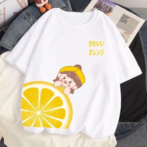 2021 Summer New Loose Casual Women TShirt Cotton Oversized T-shirt Harajuku Kawaii Lemon Girl Printed Short Sleeved T Shirt Tops