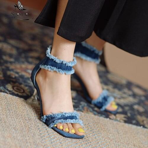 Sgesvier 2021 Summer Denim Jeans Fringes Leisure Open Toe Classic Women Summer Shoes Block High Heels Blue Woman Sandals