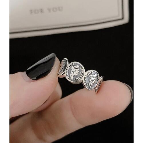 Kine 925 Sterling Silver Rings For Women Vintage Coin Queen Thai Silver Rings Personality punk Rock Fine Jewelry