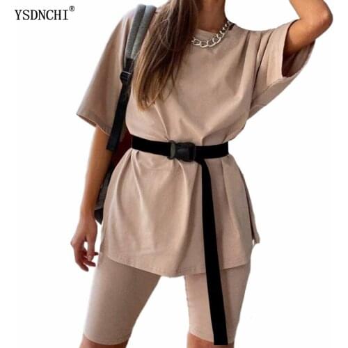 YSDNCHI 2021 New Women Two Piece Set Long TShirt Shorts Summer Casual Fitness Gym Sporting Tees ashion Outfit New