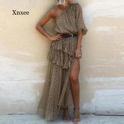 Womens Sexy One-Shoulder Irregular Dress Spring and Summer High Waist Polka Dot Printed Chiffon Beach Dress Ladies Elegant Shor