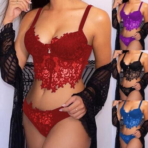 Women Sexy Lace Lingerie Nightwear Underwear Sexy Women Embroidery Lace Collar Wireless Sexy Lingerie Thong Set Underwear